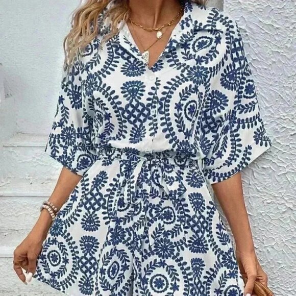 Blue Boho Ladies' Printed Leisure Vacation Batwing Sleeve Belted Romper - Picture 1 of 5